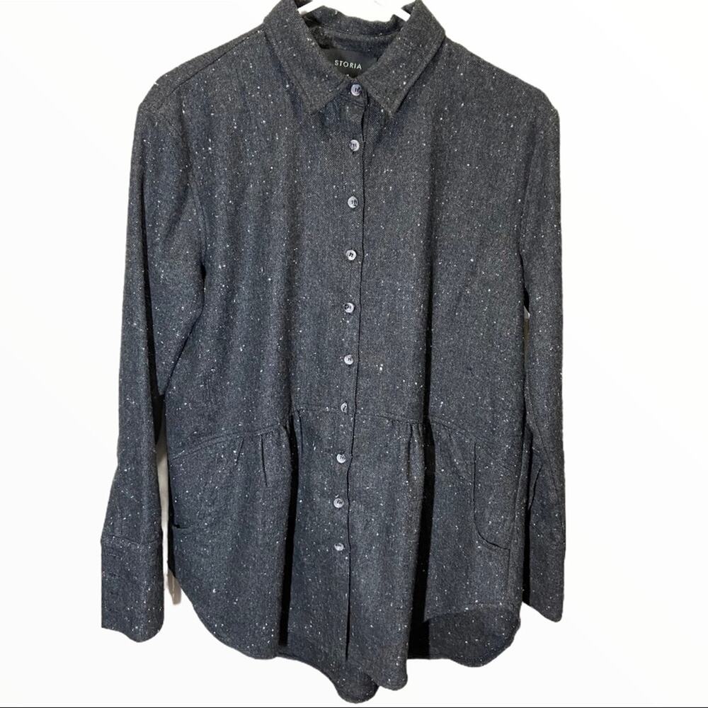 Storia Peplum Button Down Shirt Wool Hand Pockets Confetti Gray Medium